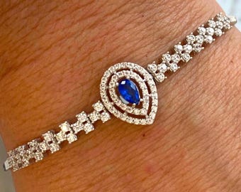BEAUTIFUL 14K White Gold Teardrop SAPPHIRE and DIAMOND Double Halo 7” Bracelet!!