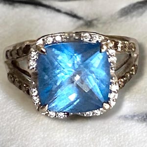 Estate Le VIAN 14k Gold Chocolatier Checkerboard Cushion Cut Blue Topaz Diamond Ring 7.5