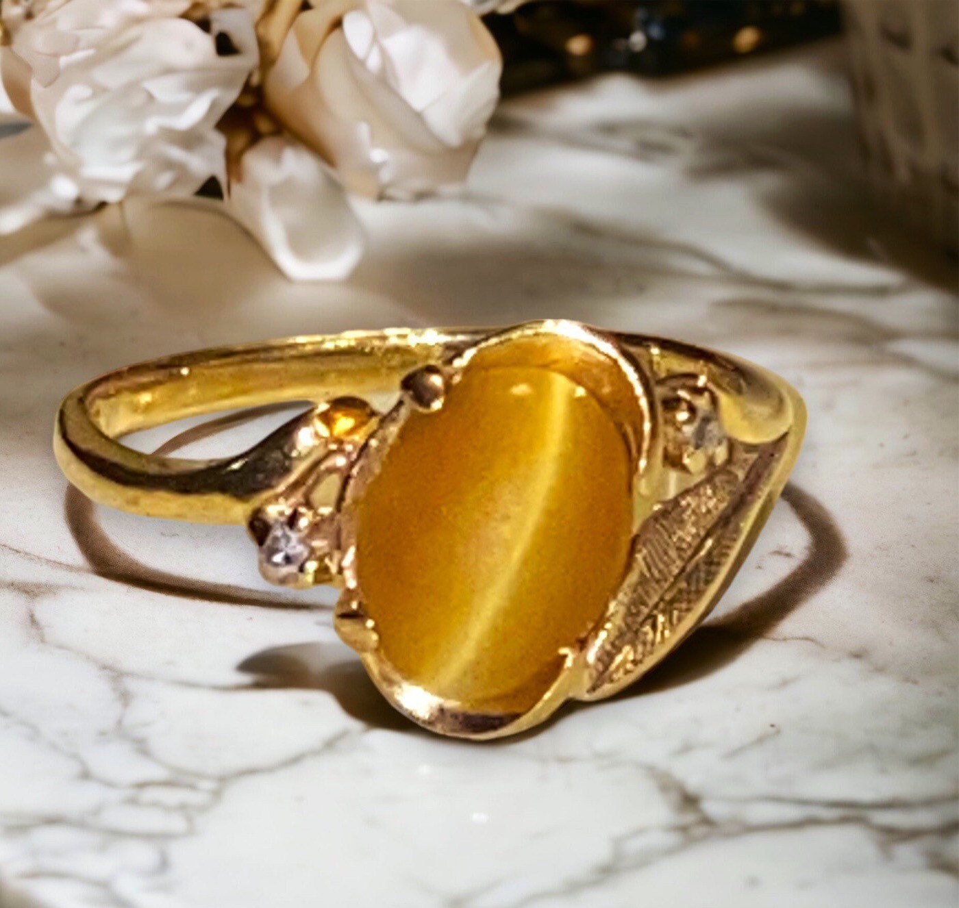 Vintage 10k Yellow Gold Tigers Eye Gem Diamond Ring Size 6.75 - Etsy