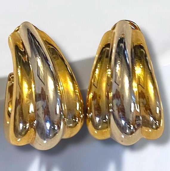 VINTAGE 14K Two Tone Gold CHUNKY Puffed Hoop Omega Earrings STUNNING