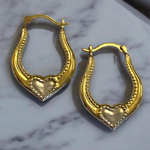 BEAUTIFUL Vintage 14K Yellow and White Gold 3/4&quot; Heart Hoop Earrings