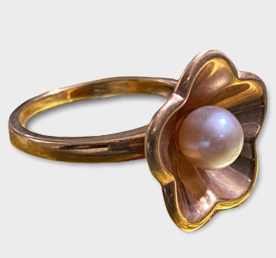 VINTAGE 14K ROSE Gold 6mm Pearl Flower Ring Size 8 - image 7