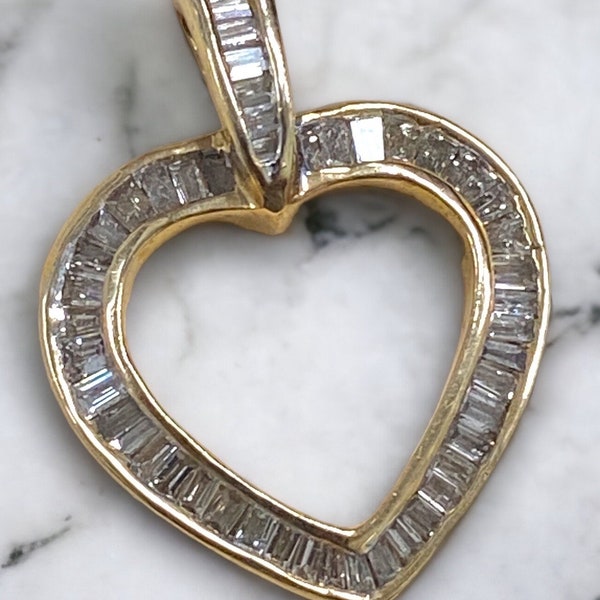 SPECTACULAR Vintage 14K Yellow Gold 1 CTW Diamond Baguettes Heart Pendant!