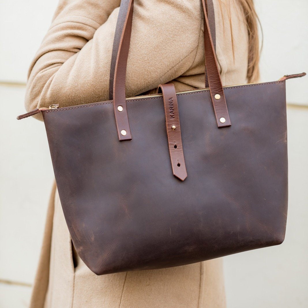 Brown Full Grain Leather Tote Bag Zip - Etsy UK