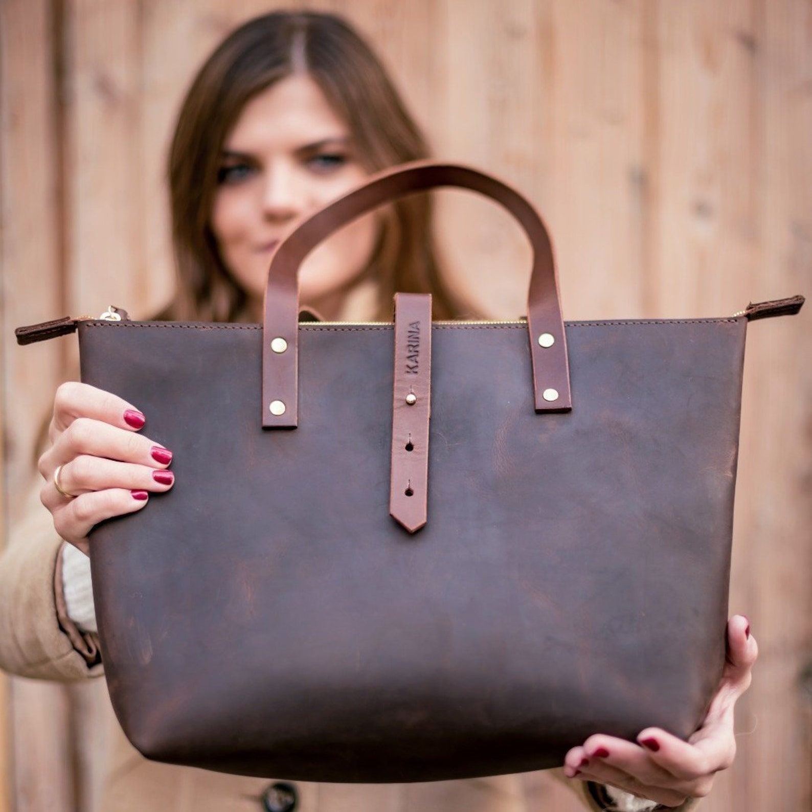 Brown Full Grain Leather Tote Bag Zip Etsy UK