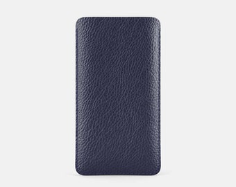 Leather iPhone 15 Plus Sleeve - Navy Blue and Mint