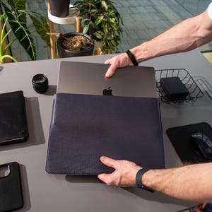 Luxury Leather MacBook Pro 14" Sleeve – Navy Blue & Mint Handmade Laptop Case Premium Leather MacBook Cover Stylish Tech Accessory