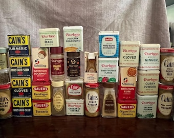 Lot of 34 Vintage Spice Tins and Bottles - Grandma’s Spice Rack Contents Collection