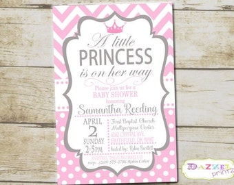 Little Princess Pink and Gray Baby Shower Invitation, Princess Baby Shower Invitation, Princess Pink Gray Baby Shower Invitation, 1024-B