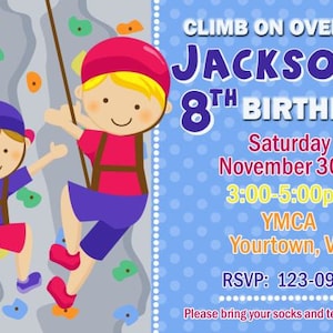 May include: A blue and white birthday invitation with a cartoon illustration of two children rock climbing. The invitation is for Jackson's 8th birthday party, which will be held on Saturday, November 30th from 3:00 to 5:00 pm at the YMCA in Yourtown, VA. The RSVP number is 123-0987. The invitation also includes the text "Please bring your socks and tennis shoes!"