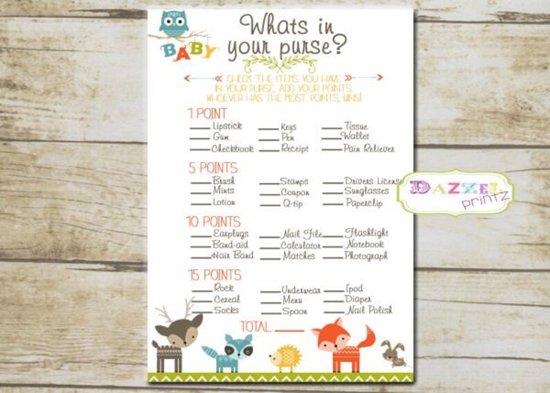 Woodland Baby Shower What/'s In Your Purse Game Gender Neutral Baby 2020-A INSTANT DOWNLOAD Baby Shower Whats In Your Purse Activity Game
