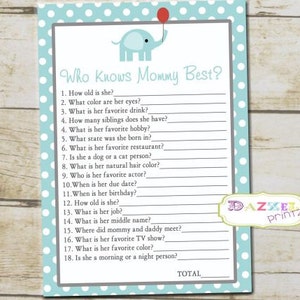 Who Knows Mommy Best Elephant Baby Shower Game Printable, Boy Elephant Baby Shower Game, How Well Do You Know The Mommy To Be - 1006-A