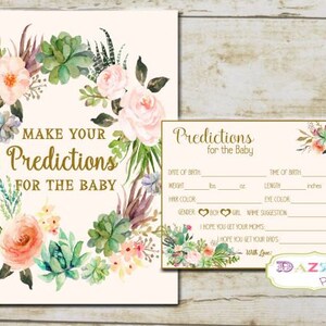May include: Baby shower prediction cards with floral accents. The main card features a floral wreath with the text "Make Your Predictions For The Baby." A smaller card reads "Predictions for the Baby" with fill-in-the-blank sections.