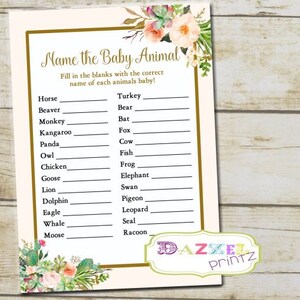 Boho Baby Shower Game, Name the Baby Animal Game, Tribal Boho Watercolor Shower Name Baby Animal, Floral Game, Shower Activity INSTANT  7265
