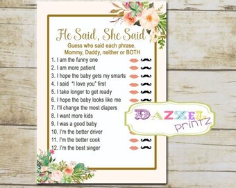 Boho Watercolor Tribal He Said She Said Shower Game, He Said She Said Mommy Daddy Game, Baby Shower Game, Shower Activity INSTANT  7265