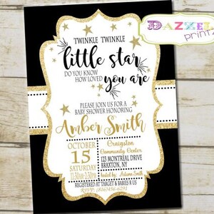 Twinkle Baby Shower Invitation, Black and Gold Glitter Gold Baby Shower Invitation, Little Star Baby Shower Invitation, 1010-A