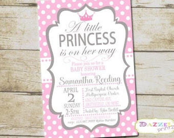 Little Princess Gray and Pink Baby Shower Invitation, Choose ANY COLOR Princess Baby Shower Invitation, Polka Dot Baby Shower, 1024-B