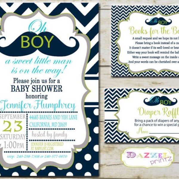 Little Man Baby Shower Invitation, Little Man Books for Baby, Mustache Baby Shower, Oh Boy Diaper Raffle, Mustache Baby Shower, 1345-M