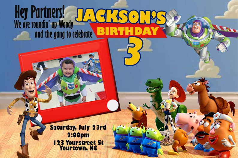 May include: A birthday invitation featuring characters from the Toy Story movie franchise. The invitation is red and yellow with the text "JACKSON'S BIRTHDAY 3" and a photo of a young boy dressed as Buzz Lightyear. The invitation also includes the text "Hey Partners! We are roundin' up Woody and the gang to celebrate" and details for the party.