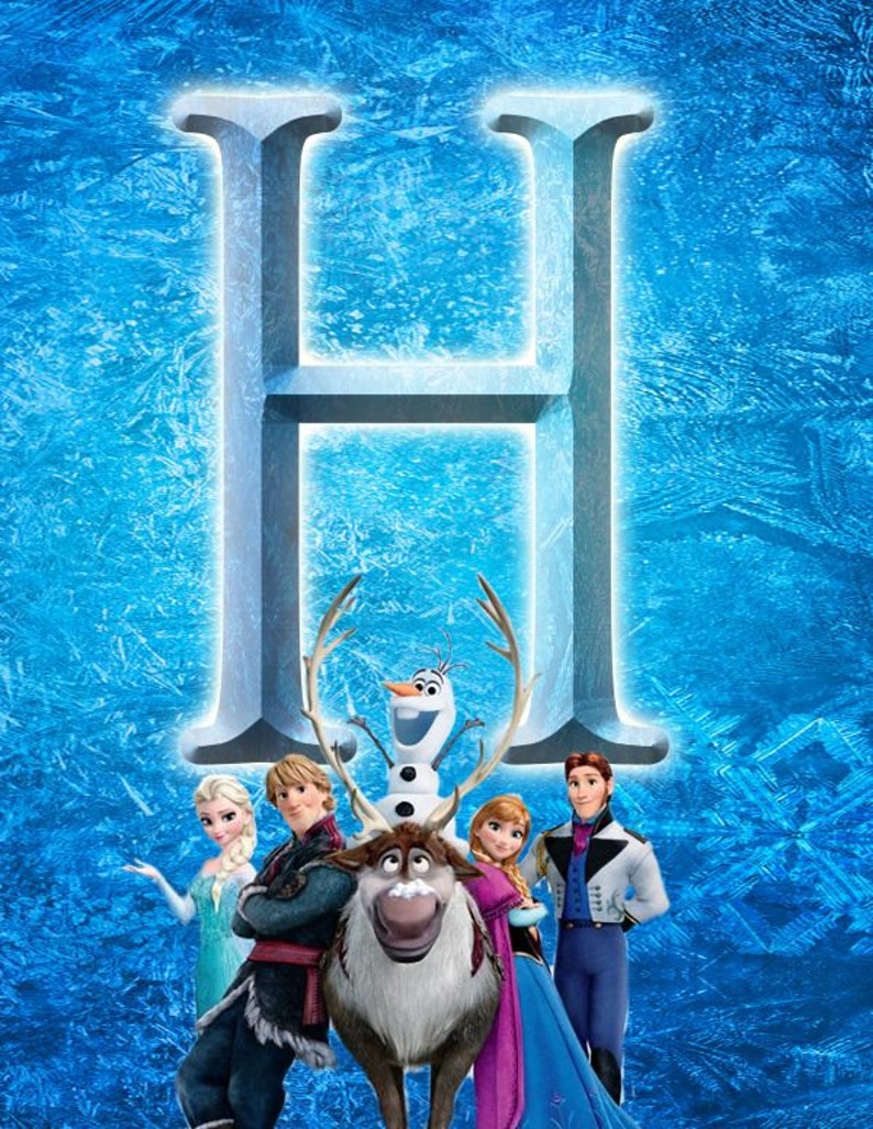 May include: A group of characters from the animated film Frozen stand in front of a large, icy blue letter H. The characters include Elsa, Anna, Kristoff, Olaf, and Sven the reindeer.