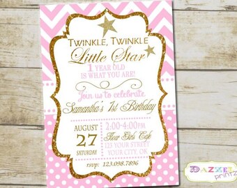 May include: Pink and gold glitter birthday invitation with a chevron and polka dot pattern. The invitation says "Twinkle, Twinkle Little Star" and "Samantha's 1st Birthday".