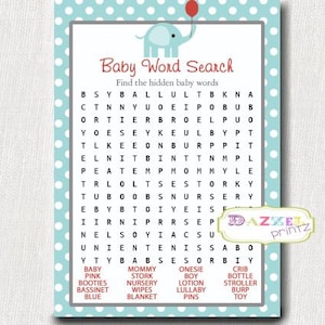 Elephant Baby Shower Word Search Game, Baby Boy Blue Shower Word Search, Baby Shower Game, Baby Shower Activity INSTANT  1006-A