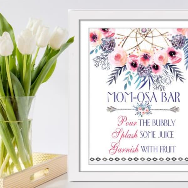 MOMOSA BAR Printable Sign. Bohemian Baby Shower Mimosa Bar Sign. Boho Watercolor Floral Baby Shower Decoration. Dream Catcher Sign TRI024