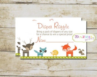 May include: A white card with a green, orange, and brown woodland animal theme. The text reads "Diaper Raffle" and "Bring a pack of diapers of any size for a chance to win a special prize!" with a line for a name.