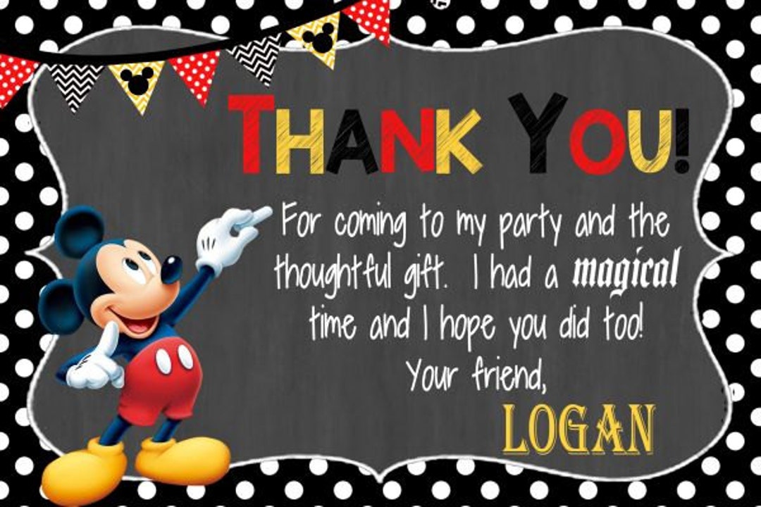 MICKEY MOUSE Thank You Card, Mickey Birthday Party Thank You Card ...