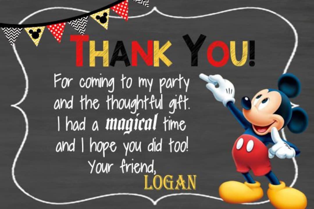 MICKEY MOUSE Thank You Card, Mickey Birthday Party Thank You Card ...