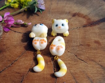 Kawaii Animal Earrings, Polymer Clay Cute White Cat Stud Earring, Special Gifts for Cat Lovers 100% Handmade