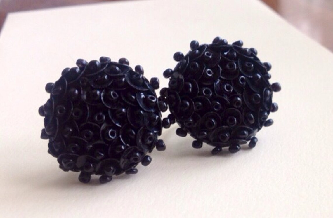 Vintage Black Beaded and Sequenced Clip On Earrings Etsy