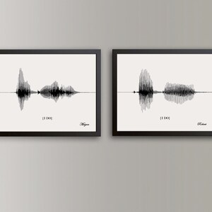 A framed sound wave art print of wedding vows, a first anniversary gift made of paper material, with separate sound waves for 'his' and 'hers' voices.