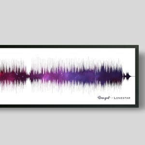 Soundwave art of weding song for paper anniversary gift printed in purple space starry night sky colors, printed on paper print and framed with a black frame