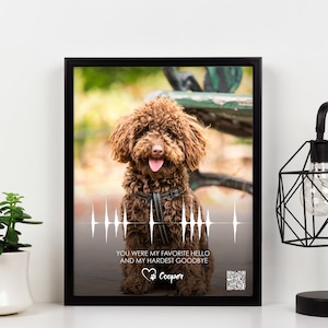 An emotional tribute to a beloved dog, featuring a sound wave art QR code, designed as a thoughtful dog memorial gift, dog sympathy gift, pet remembrance gift or pet loss gift.