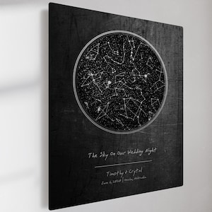 May include: Black and white framed print of a star map. The map is a circular design with white lines and dots against a black background. The text "The Sky on Our Wedding Night" is written below the map, along with names and a date.