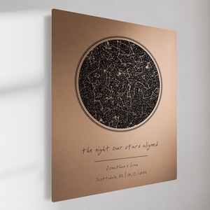 May include: A rectangular copper-toned metal wall plaque featuring a circular black star map. The text reads: the night our stars aligned, Jonathan + Lisa, Scottsdale, AZ | 10.17.2006. The design includes constellations and white star points.