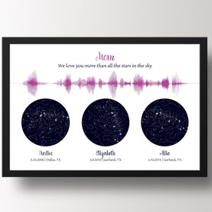 Carte des étoiles personnalisée par date | Ondes sonores pour message vocal et ciel nocturne par date | Cadeau fête des mères pour maman et enfant