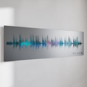 May include: A rectangular, silver-toned metal wall art piece featuring a colorful sound wave design. The sound wave transitions from teal to blue and purple hues. The text "Say To Me - Julie Byrne" is visible on the bottom right.
