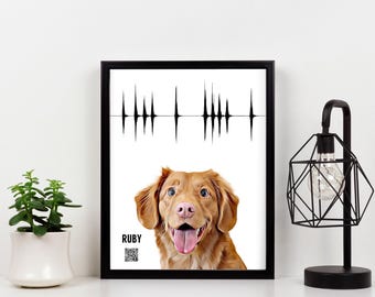 May include: A framed print featuring a digital illustration of a golden-brown dog with a pink tongue, positioned below a black sound wave graphic. The name RUBY is printed in black text next to a small square QR code on a white background.