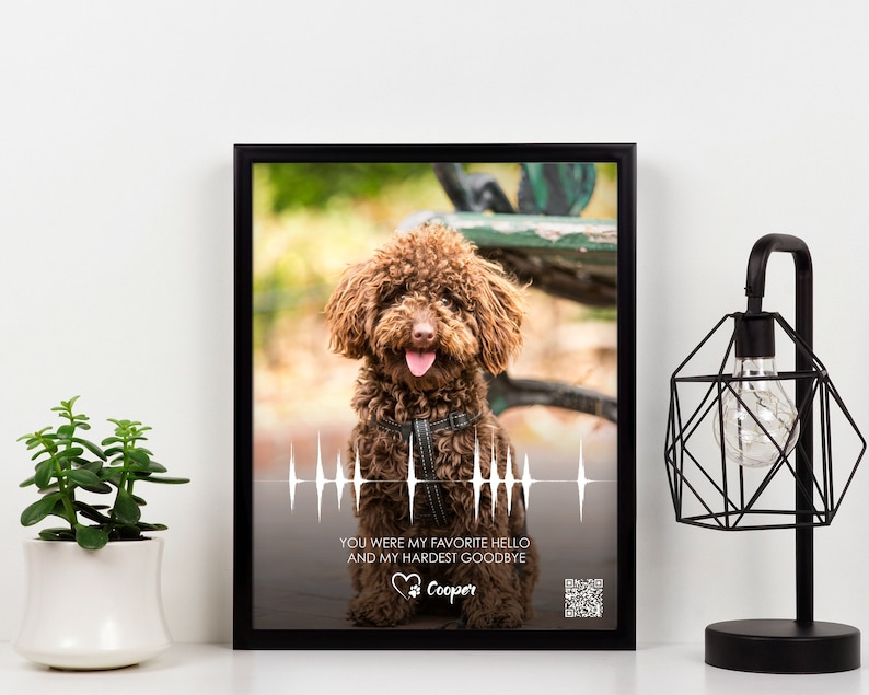 An emotional tribute to a beloved dog, featuring a sound wave art QR code, designed as a thoughtful dog memorial gift, dog sympathy gift, pet remembrance gift or pet loss gift.