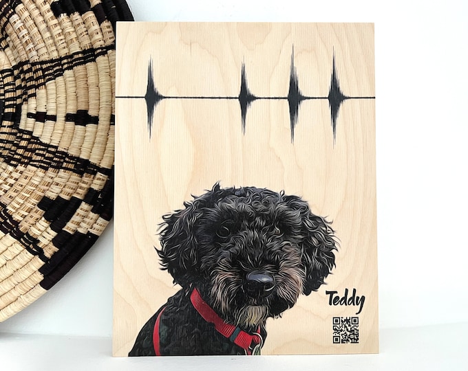 Dog Portrait from Picture on Wood | Pet Memorial Gift | Bark Soundwave and QR code | Unique Custom Pet Portrait