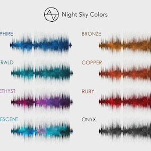May include: A graphic design featuring the text "Night Sky Colors" and a logo. Below, color names like "Sapphire," "Emerald," and "Amethyst" are paired with abstract, waveform-like designs in corresponding hues. The overall aesthetic is modern and artistic.