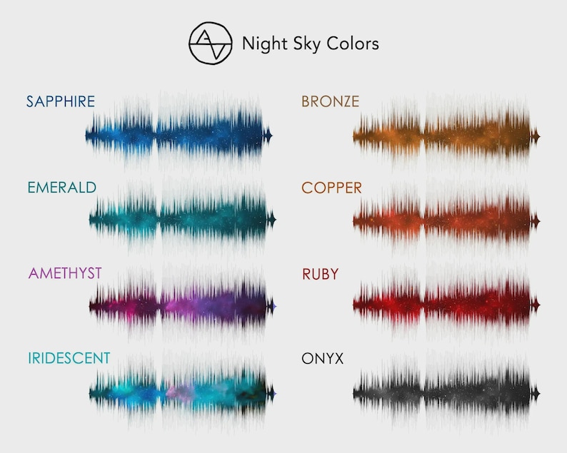 May include: A graphic design featuring the text "Night Sky Colors" and a logo. Below, color names like "Sapphire," "Emerald," and "Amethyst" are paired with abstract, waveform-like designs in corresponding hues. The overall aesthetic is modern and artistic.