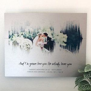 10 year anniversary gift. A photo of a couple is positioned inside the soundwave of a wedding song. It is printed a brushed aluminum and tin panel. Customized with any song and personalized with a lyric and personal text (names, location, date).