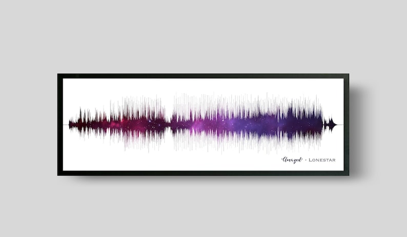 Soundwave art of weding song for paper anniversary gift printed in purple space starry night sky colors, printed on paper print and framed with a black frame