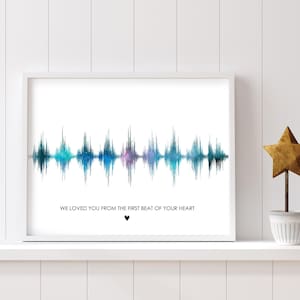 May include: A framed horizontal print featuring a blue and purple watercolour sound wave graphic on a white background. Below the graphic, the text reads WE LOVED YOU FROM THE FIRST BEAT OF YOUR HEART with a small black heart icon centred underneath.