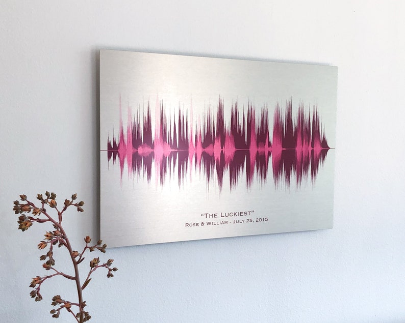 Personalized soundwave art print in tin, a perfect 10th anniversary gift for your wife, featuring the soundwave of your cherished song.