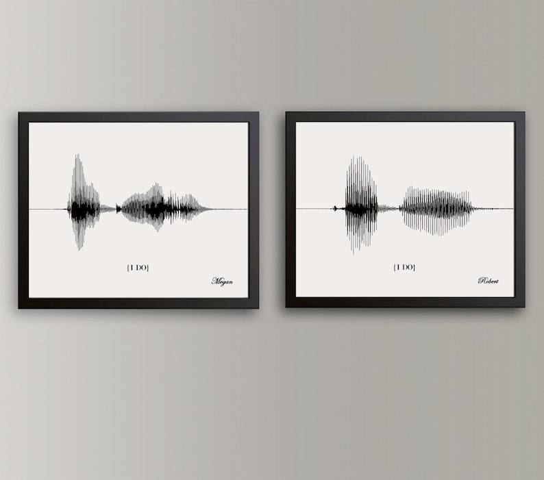 A framed sound wave art print of wedding vows, a first anniversary gift made of paper material, with separate sound waves for 'his' and 'hers' voices.