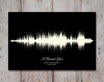 May include: A rectangular black print featuring a cream-colored horizontal sound wave graphic across the center. Below the graphic, the text reads A Thousand Years, followed by the words HAPPY ANNIVERSARY and LOVE, ERIN in white lettering.